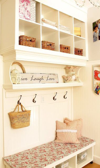 mudroom wall | My Uncommon Slice Of Suburbia  Use that wall space! Mudd Room, Built In Wall Shelves, Vstupná Hala, Mudroom Storage, Laundry Room/mud Room, Ikea Expedit, Foyer Ideas, House Organization, Mud Rooms