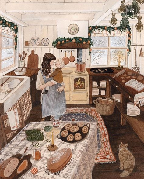 Home Making Aesthetic, Robin Pieterse, Me As A Painting, Little Women Illustration, Cosy Home Ideas, Women In The Kitchen, Cottage In Winter, Love In Winter, Cozy Winter Home