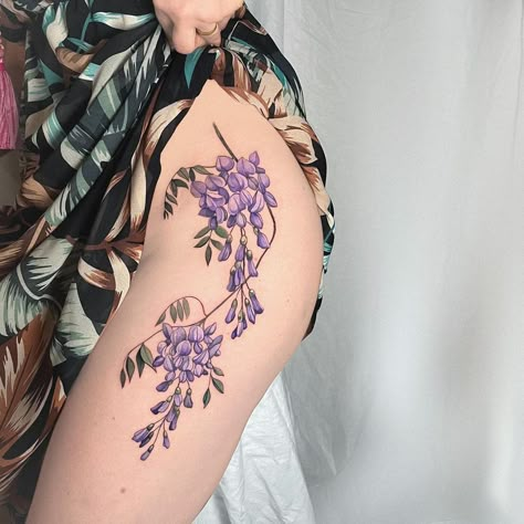 Wisteria Branch Tattoo, Wisteria Tattoo Demon Slayer, Wisteria Tattoo Design, Lilac Vine Tattoo, Wisteria Tattoo Foot, Japanese Wisteria Tattoo, Wisteria Vine Tattoo, Hanging Flower Tattoo, Wisteria Tree Tattoo