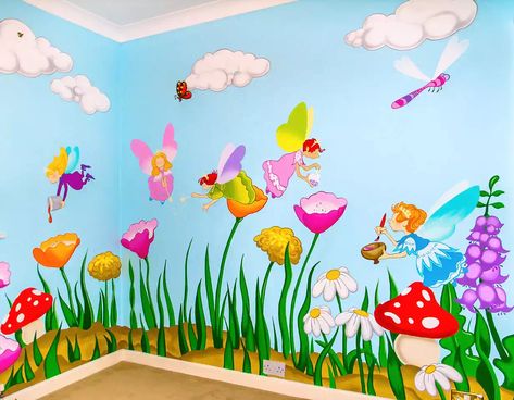 Colourful Playroom Walls, Classroom Walls Paint, Fairy Mural, School Wall Art Ideas, School Wall Decoration, Playroom Mural, Daycare Design, Garden Mural, School Wall Art