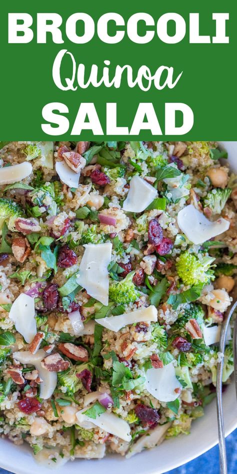 This Quinoa Salad with Broccoli and Chickpeas is packed with healthy ingredients and tossed with a tangy homemade lemon dressing! It's really easy to make and goes great as a healthy potluck dish or a light but filling lunch! #broccolisalad #quinoasalad #vegan #broccoli #potluckrecipe Quinoa Salad With Lettuce, Low Calorie Quinoa Salad, Vegan Quinoa Salad Recipes Cold, Quinoa And Broccoli Spoon Salad, Healthier Broccoli Salad, Low Cholesterol Quinoa Recipes, Quinoa Broccoli Salad, Broccoli Lunch Ideas, Salads Without Lettuce Recipes