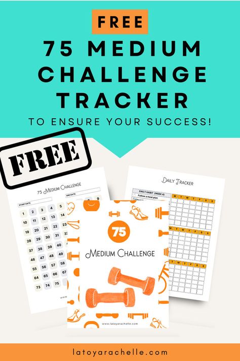 text reads - free 75 medium challenge tracker to ensure your success 75 Hard Challenge Tracker Free Printable, Reformer Pilates Aesthetic, 75 Medium Challenge Tracker, Free Printable Tracker, 75 Medium Challenge, Workout Tracker Printable Free, Tracker Free Printable, Workout Tracker Printable, Tracker Printable Free