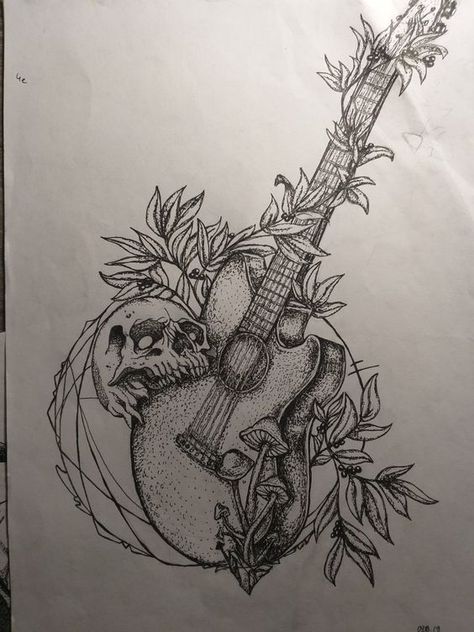 guitar art Skulls And Guitars, Guitar And Skull Tattoo, Skull Guitar Drawing, Cool Guitar Tattoos, Aesthetic Guitar Drawing, Guitar Related Tattoos, Acoustic Guitar Tattoo Ideas, Rock Guitar Tattoo, Flower Guitar Tattoo