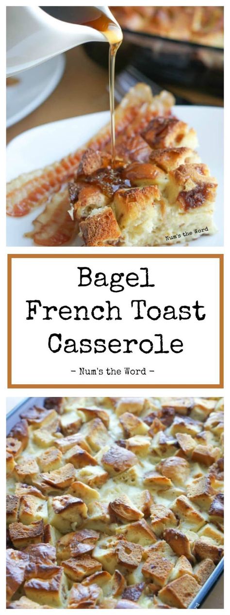 This Bagel French Toast Casserole can be made the day of or turned into an overnight french toast casserole! Using Panera's Cinnamon Crunch Bagels, this will quickly become a favorite of yours for Sunday Brunch! #breakfast #brunch #casserole #bagel #cinnamoncrunch #cinnamoncrunchbagel #panera #panerabagel #bagelcasserole #6ingredients #brunch #christmasmorning #easterbrunch #sundaybrunch #cinnamon #overnight #overnightcasserole #recipe #numstheword #breakfastrecipe Bagel Casserole, Bagel French Toast, Cinnamon Bagels, Overnight French Toast Casserole, Easiest Breakfast, French Toast Casserole Recipe, French Toast Casserole Overnight, Yummy Casserole Recipes, French Toast Casserole Recipes