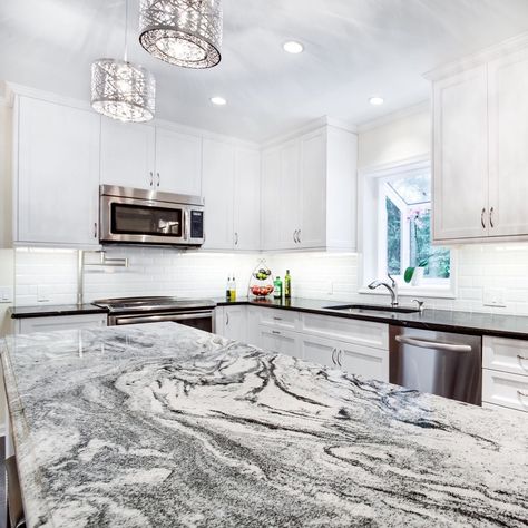 Viscon White Granite Silver Cloud Granite, Silver Cloud Granite Countertops, White Granite Kitchen, Granite Kitchen Island, Replacing Kitchen Countertops, White Granite Countertops, Granite Bathroom, Kitchen Remodel Countertops, Kitchen Countertop Materials