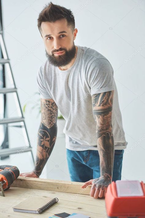 Handsome Bearded Man Leaning Wooden Table Looking Camera House Repair Stock Pict , #AFFILIATE, #Leaning, #Wooden, #Man, #Handsome #AD Leaning Over Table Pose, Man Leaning On Table, Leaning On Table Pose Reference, Leaning On Table Pose, Electric Jigsaw, Spiderman 4, Handsome Bearded Men, House Repair, Wooden Man