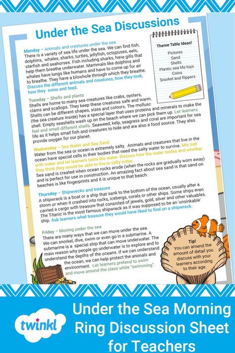 This under the sea lesson plan and discussion sheet is an amazing resource to support Preschool morning ring discussions with your children. The discussion points are divided into five separate sub-topics of Under the Sea, one for every day of the week. This is great for helping you to plan a week's worth of fun, under the sea discussions with ease. The resource prints out on one A4 sheet of paper, and you can choose to print it out in a super-eco colour version to help you save ink. Sea Morning, Arts And Crafts For Kids Toddlers, Animal Activities For Kids, Breathing Underwater, Life Under The Sea, Preschool Colors, Animal Activities, Lessons For Kids, Lesson Plan