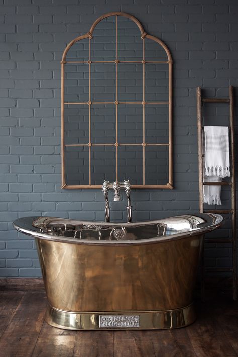 The Catchpole & Rye Brass Bateau Navy And Copper Bathroom, Copper Bathroom Fixtures, Copper Bathroom Accessories, Large Bathtubs, Copper Bathtub, Navy And Copper, Copper Interior, Copper Bath, Copper Bathtubs