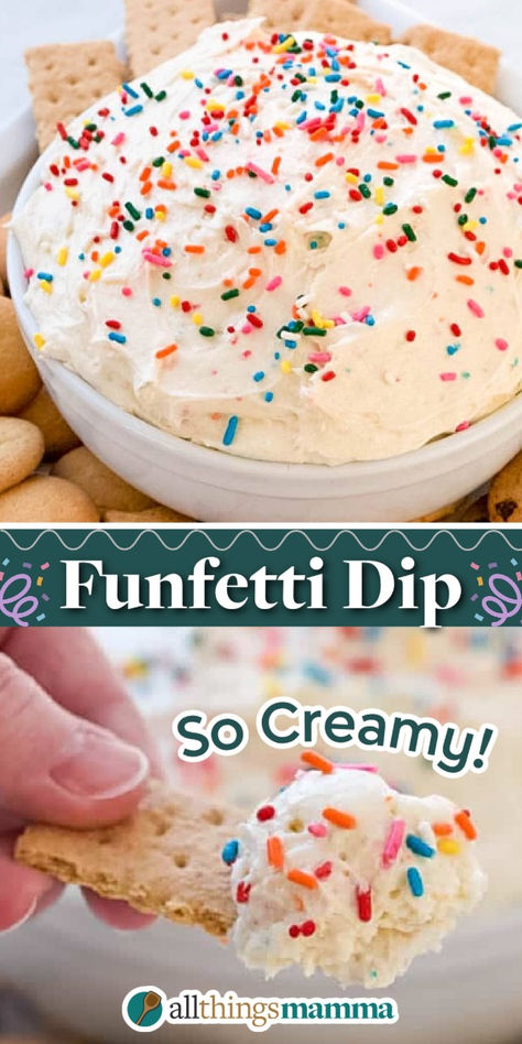 This Funfetti Dip recipe has just 5 simple ingredients and literally requires no baking or cooking at all! Ready to eat in less than 5 minutes of time!   Let’s just all agree that dessert dips are THE BEST. When you can dip cookies and sweet treats into a dip that makes your tummy happy (and has sprinkles!), you know it’s going to be a good day! This confetti dip makes it to the top of my “easy dessert” list every single time. Funfetti Dip Recipe, Cake Mix Dip, Dip Cookies, Confetti Dip, Funfetti Dip, Dessert List, Easy Dessert Dips, Dessert Dip Recipes, Cake Mix Cookie Bars