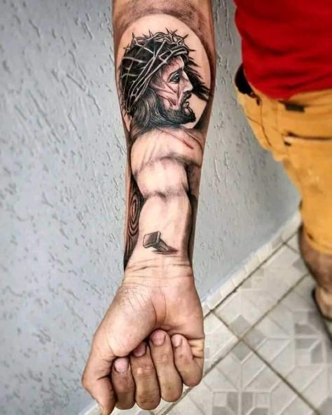 Christian Tattoos For Men Forearm, Mom Tattoo For Men, Tattoo Jesus Cristo, Jesus Forearm Tattoo, Jesus Hand Tattoo, Christian Tattoos Men, Jesus Tattoo Sleeve, Hand Tattoos For Men, Christus Tattoo