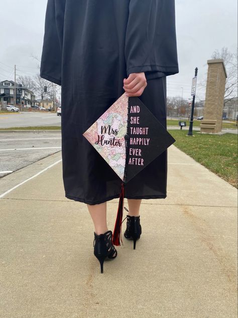 Graduation Cap Future Teacher, Master Of Education Graduation Cap, And She Taught Happily Ever After Cap, Teacher Graduation Cap Students Sign, Teacher Cap And Gown, English Teacher Graduation Cap, Math Teacher Graduation Cap, Student Teacher Graduation Cap, Masters Cap Decoration