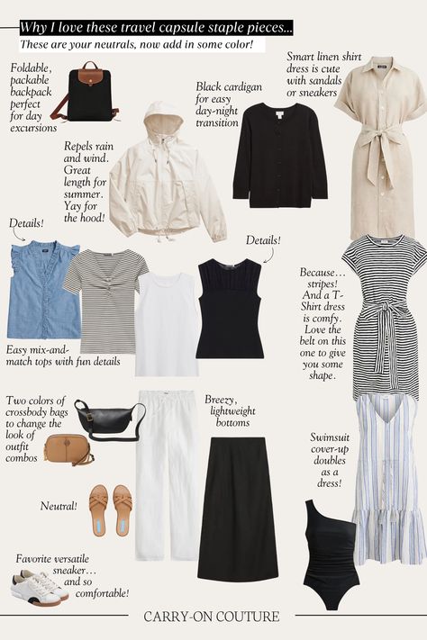 I've found the perfect warm weather staples for your spring and summer travel capsule wardrobes.  I love these pieces because they are neutral, so it will be easy to add in colors and prints, but they also have fun details, a key to making sure your travel capsule wardrobe isn't boring. Travel Staples Wardrobe Basics, Capsule Wardrobe For Humid Weather, Carry On Capsule Wardrobe Summer Europe, Spain Capsule Wardrobe Summer, Travel Capsule Wardrobe Thailand, Beach Resort Capsule Wardrobe, One Week Capsule Wardrobe Travel Outfits, Shein Capsule Wardrobe, Travel Capsule Wardrobe Spring Italy