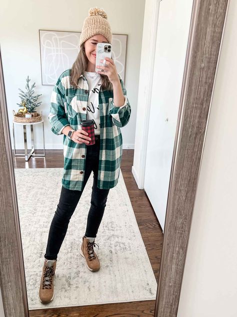 Plaid shirt jacket with skinny jeans, graphic tee and hiker boots Chunky Turtleneck Sweater Dress, Plaid Shacket Outfit, Winter Brunch Outfit, Brunch Attire, Brunch Outfit Ideas, Winter Brunch, Flannel Shirt Outfit, Maurices Style, Brunch Outfit Winter