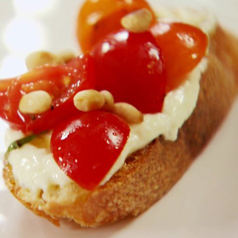 Tomato Crostini With Whipped Feta, Whipped Feta Recipe, Tomato Crostini, Feta Recipe, Ina Garten Recipes, Feta Recipes, Whipped Feta, Toasted Pine Nuts, Appetizer Dips