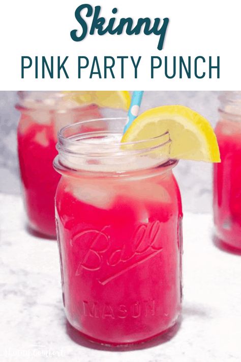 Skinny Pink Party Punch is a fun sweet punch that is only 30 calories per serving! Only 3 ingredients! Great for baby showers, birthday parties, or for a sweet treat at home. #skinnycomfort #punch #pink #babyshower Pink Punch Recipe Non Alcoholic, Barbie Punch, Barbie Bunco, Pink Party Snacks, Pink Party Punch, Pink Party Punches, Pink Punch Recipes, Pink Party Foods, Party Punch Recipe