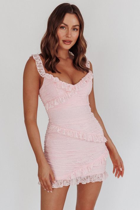 Shop the La Vida Frill Trim Off-Shoulder Mini Dress Pink | Selfie Leslie Brunch Hoco Dresses, Light Pink Hoco Dress Short, Selfie Leslie Dresses, Pink And White Dress Outfit, Light Pink Hoco Dress, Pink Selfie, Light Pink Mini Dress, Basic Mini Dress, Homecoming Dresses Pink