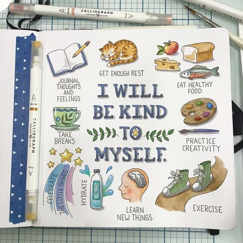 Self Care Dot Journal Ideas, Bujo Self Care Ideas, Illustrated Life Journal, Self Care Journal, Wellness Bullet Journal, Bullet Journal Self Care Tracker, Encouraging Art, Doodle Pages, Fineliner Pens