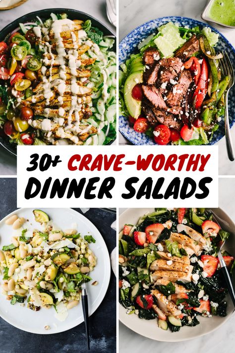 If you're not a believer in salad for dinner, get ready to get converted. These crave worthy dinner salad recipes are colorful, beautiful, filling, and so, so delicious. Whether you're keto, vegetarian, totally into greens, or all about steak, you're bound to find at least one dinner salad option that will make its way into your weeknight dinner rotation. #dinner #salad #dinnersalad #saladfordinner #healthyrecipes Dinner Salad Recipes, Main Dish Salad Recipes, Filling Salad Recipes, Hearty Salad Recipes, Steak Salad Recipe, Healthy Dinner Salads, Warm Salad Recipes, Salad For Dinner, Salad Menu