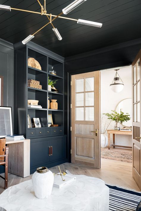 Those doors! Also alternating floor patterns in same wood Mcgee Home Office, Studio Mcgee Office, Moody Office, Us White House, The Mcgee Home, Mcgee Home, Dark Walls, Studio Mcgee, A Living Room