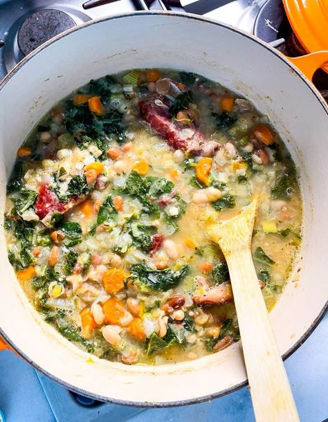 Ham Bean Kale Soup Recipes, Ham Kale Soup, Ham And Kale Soup, Healthy Ham And Bean Soup, White Bean And Ham Soup Crockpot, Ham White Bean Soup, Healthy Ham Soup, Recipes Using Kale, Easy Bean Soup