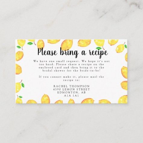 Lemon Bridal Shower Recipe Request Card #zazzle #weddinginvitations #birthdayinvitations #babyshowerinvitations #zazzleinvitations #monogram #businesscards #graduation #homedecor Bridal Shower Recipe Request, Italian Bridal Showers, Wedding Shower Food, Lemon Themed Bridal Shower, Bridal Shower Recipe, Bridal Shower Inspo, Wedding Shower Themes, Beach Bridal Showers, Bridal Shower Planning