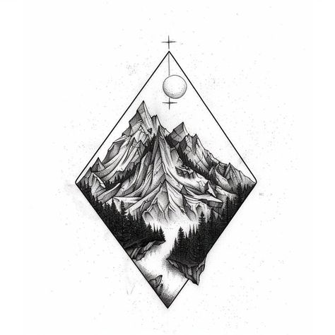 This is a unique tattoo design on nature placed inside of a geometric shape. We hope you enjoy this super cool digital download! Wrist Tattoos For Women Mountains, Campus Tattoo Design, Geometric Nature Tattoo Sleeve, Mountaineering Tattoo, Geometric Landscape Tattoo, Mountains Tattoo Design, Unique Nature Tattoos, Geometric Nature Tattoo, Nature Tattoo Designs