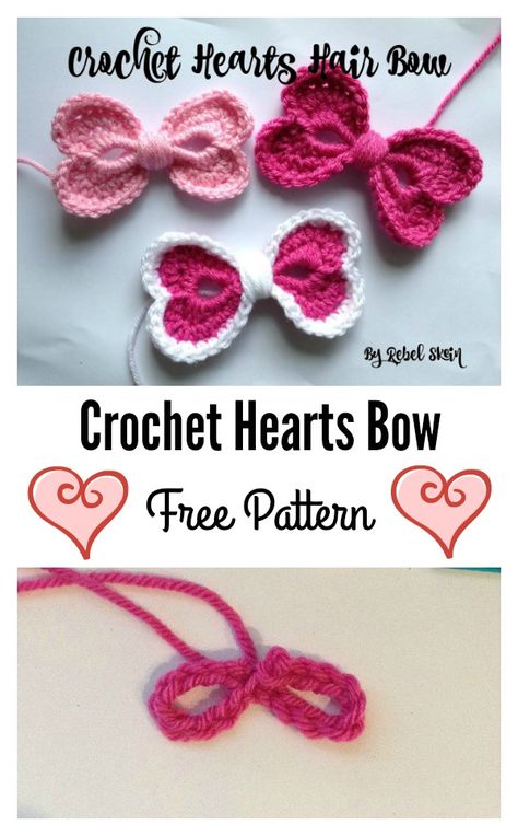 Crochet Hearts Bow Free Pattern Free Heart Crochet Pattern, Flor Crochet, Crochet Bow Pattern, Crochet Hearts, Crochet Embellishments, Animal Crochet, Crochet Bows, Crochet Hair Accessories, Valentines Crochet