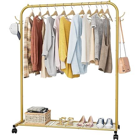 JIUYOTREE Clothing Garment Rack 110CM Metal Clothes Rail Coat Rail with Bottom Rack for Coats Skirts Shirts Sweaters Gold : Amazon.co.uk: Home & Kitchen Rolling Clothes Rack, Heavy Duty Clothes Rack, Garment Rack, Metal Clothing, Clothes Rail, Hanging Clothes, Garment Racks, Clothes Rack, Crochet Design