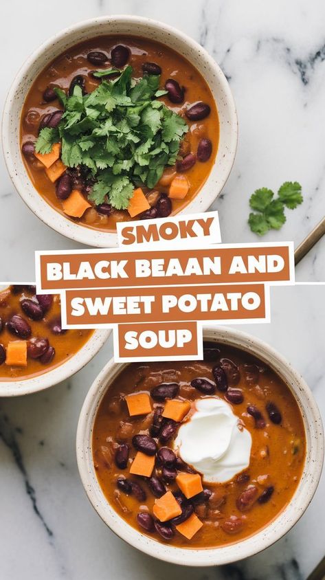 Warm Up with This Smoky Black Bean and Sweet Potato Soup Sweet Potato And Bean Soup, Sweet Potato Black Bean Stew, Black Bean And Sweet Potato Soup, Pumpkin Black Bean Soup, Blackbean Sweetpotato, Soup Sweet Potato, Cozy Soup Recipes, Butternut Squash Black Bean, Black Bean And Sweet Potato