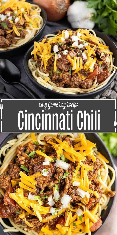 Cincinnati chili puts a Greek spin on classic chili with a delicious blend of warm spices in this recipe from Home. Made. Interest. Traditionally served over spaghetti, it's the perfect dish for game day or to cozy up with on a chilly day. This delicious Skyline chili copycat is less spicy than classic chili, instead replacing the heat with warm spices like cinnamon and allspice. It makes a great football party food and a fun weeknight dinner for the family. Skyline Chili Recipe, Cincinnati Chili Recipe, Skyline Chili, Cincinnati Chili, Classic Chili, Main Dish Casseroles, Cold Weather Food, Football Party Food, Bowl Of Soup