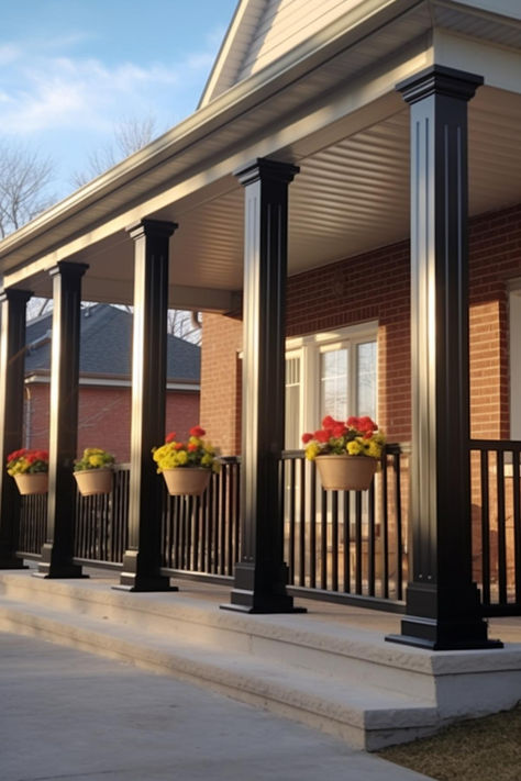 40 Farmhouse Porch Column Ideas for a Stylish Front Exterior Decorative Porch Columns, Diy Porch Pillar Makeover, Black Porch Posts Columns, How To Wrap Metal Porch Columns, Columns For Front Porch, Porch Posts Ideas Columns, Patio Columns Ideas, Stone Wrapped Porch Columns, Brick House With Columns