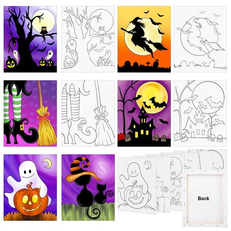 PRICES MAY VARY. Great for Halloween Sip and Paint Party - The package comes with 6 packs of pre-drawn canvas, 6 coloring guides, and 6 sets of uninstalled hooks, you can use your imagination and creativity to complete these canvas paintings. Premium Material - The canvases for painting are made of quality-friendly cotton material, and the frame is made of sturdy and reliable wood, which can be kept for a long time. Suitable Size - The pre-sketched canvases for painting size is 8"x10", they are Halloween Sip And Paint Ideas Party, Halloween Painting Party, Halloween Sip And Paint Ideas, Seasonal Paintings, Pumpkin Canvas Painting, Pre Drawn Canvas, Canvas For Painting, Paint Halloween, Painting For Adults