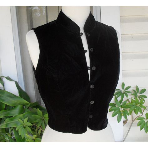 Black Velvet Vest with Mandarin Collar ($25) ❤ liked on Polyvore Velvet Vest Women, Velvet Vest Outfit, Unique Vests, Fantasy Vest, Black Velvet Vest, Vest With Collar, Velvet Waistcoat, Button Vest, Velvet Vest