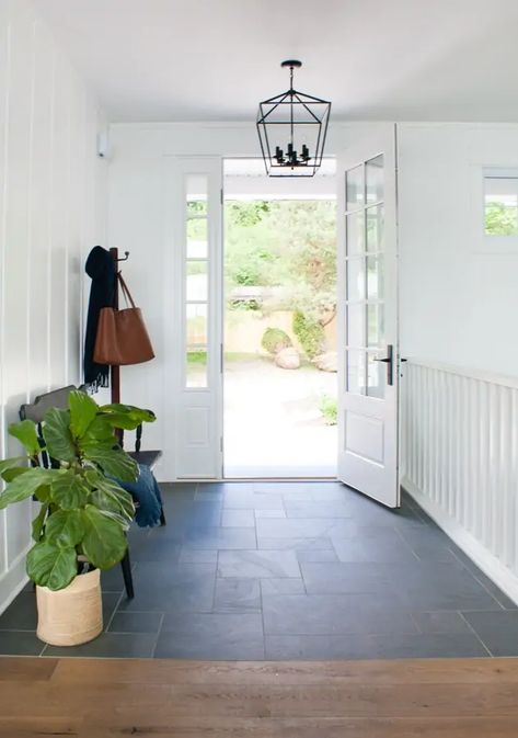 Blue Slate Entry Way Tile - The Lilypad Cottage Wood Tile Floor Kitchen, Tile Entry, Batten Walls, Entry Floor, Laminate Flooring Colors, Entryway Tile, Entry Tile, Entryway Flooring, Grey Wood Floors