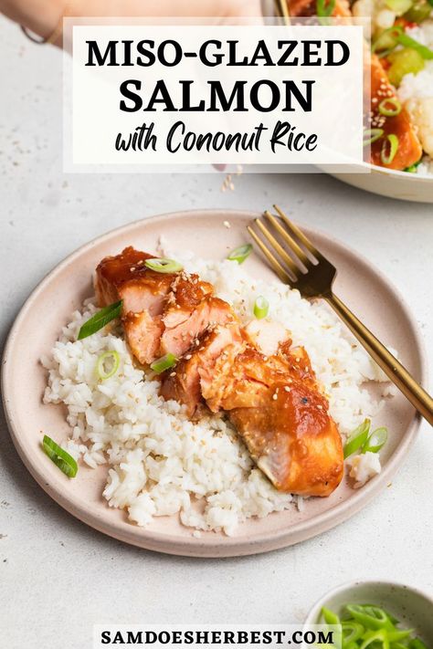 Salmon And Coconut Rice, Salmon With Coconut Rice, White Rice Dishes, Miso Glazed Salmon, Ginger Salmon, Miso Salmon, Salmon Soy Sauce, Steamed White Rice, Salmon And Rice