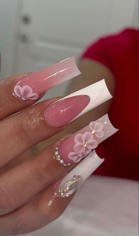 French Tip Acrylic Nails, Girly Acrylic Nails, Classy Acrylic Nails, Acrylic Nails Coffin Pink, Long Square Acrylic Nails, Unique Acrylic Nails, Nail Swag, Bling Acrylic Nails, Acrylic Nails Coffin Short