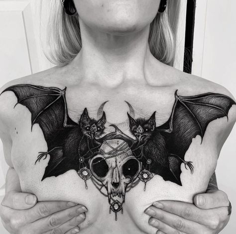 Bat Chest Tattoo, Tattoo With Wings, Skull Collar, Bone Tattoo, Goth Tattoo, Bone Tattoos, Bat Tattoo, Chest Piece Tattoos, Creepy Tattoos