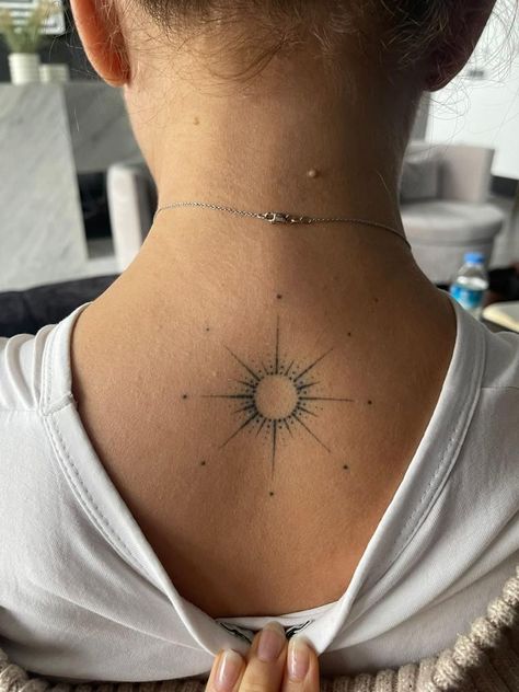 Sun Tattoo Behind Neck, Sun On Back Of Neck Tattoo, Sun Tattoo On Back Of Neck, Sun Lower Back Tattoo, Sun Back Tattoo Women, Celestial Back Tattoo, Sun Tattoo Back, Sun Back Tattoo, Handpoke Tattoo