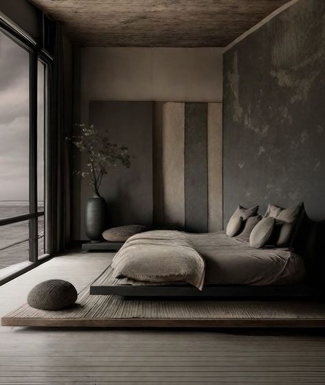 Eclectic Wabi Sabi, Dark Wabi Sabi Interior, Wabi Sabi Style Bedroom, Wabi Sabi Bedroom Design, Boho House Interior, Dark Minimalist Bedroom, Wabi Sabi Bedroom, Wabi Sabi House, Bed Inspo