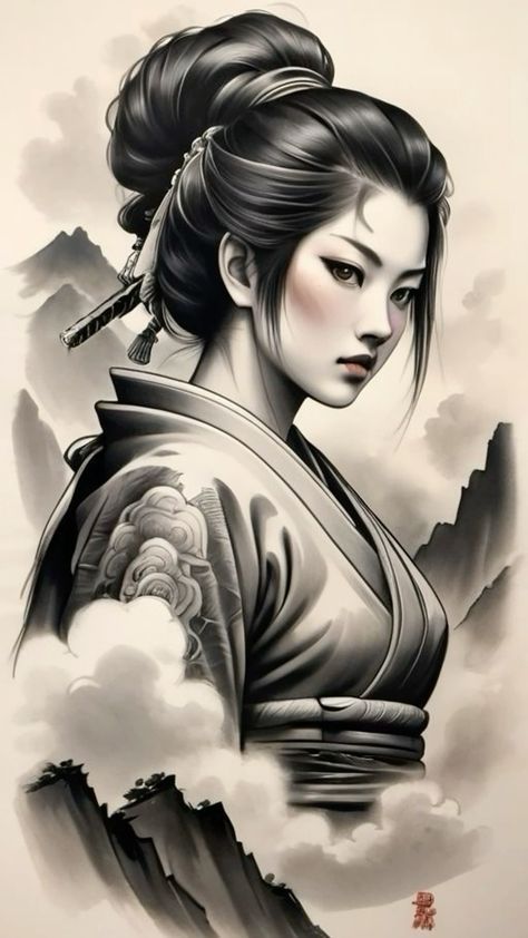 Japanese Artwork Tattoo, Japanese Tattoo Art Geisha, Did Tattoos, Female Samurai Tattoo, Japanese Girl Tattoo, Japanese Geisha Drawing, Tato Geisha, Japanese Geisha Tattoo, Geisha Drawing