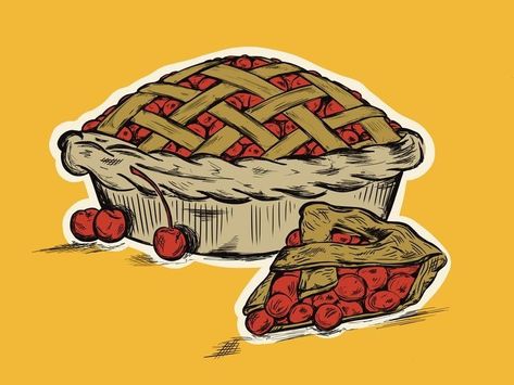 Strawberry Pie Illustration, Strawberry Pie Drawing, Cherry Pie Art, Pie Art Illustration, How To Draw A Pie, Cherry Pie Illustration, Pie Side View, Cherry Pie Drawing, Cherry Pie Tattoo