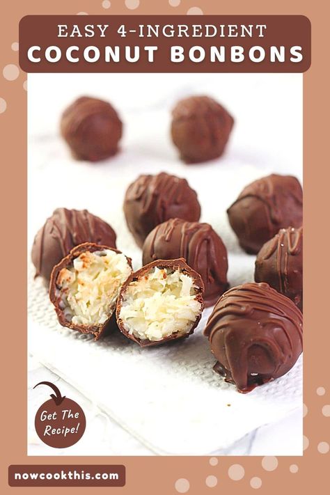 Easy Coconut Bonbons • Now Cook This! Chocolate Covered Coconut Balls, Coconut Bonbons, Coconut Bon Bons, Chocolate Covered Coconut, Mounds Bar, Bon Bons Recipe, Coconut Filling, Homemade Truffles, Coconut Balls