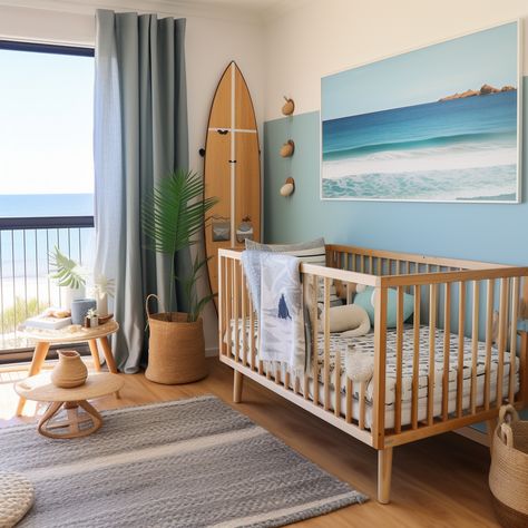 Surfer Themed Nursery, Island Nursery Theme, Gender Neutral Beach Nursery, Surfing Theme Nursery, Surfer Theme Nursery, Beachy Baby Room, Beach Theme Kids Bedroom, Beach Themed Nursery Boy, Beachy Nursery Boy