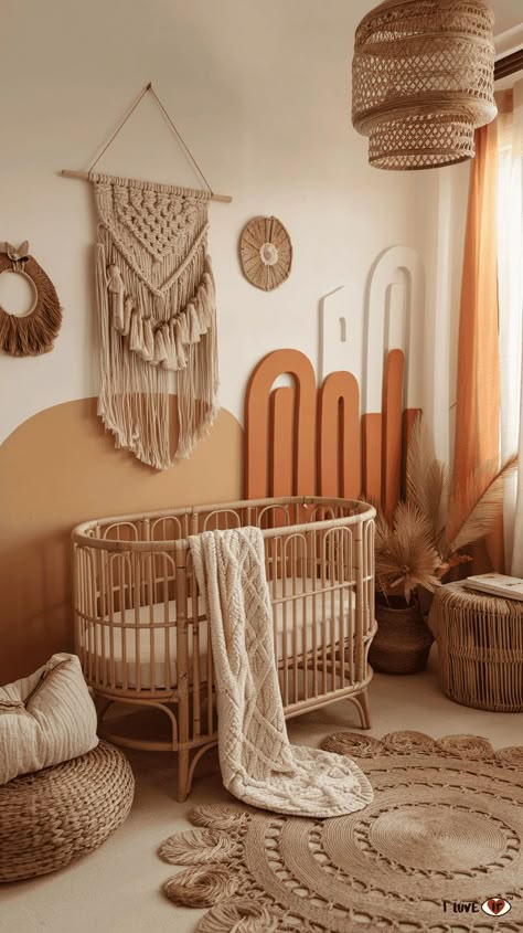 boho nursery ideas Nursery Ideas Terracotta, Boho Rainbow Nursery Decor, Small Girl Nursery, Girl Boho Nursery Ideas, Small Room Nursery Ideas, Terracotta Baby Room, Western Baby Girl Nursery, Desert Nursery Theme, Babyletto Nursery