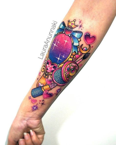 Tattoo by Laura Anunnaki - Album on Imgur Girly Sleeve Tattoo, Laura Anunnaki, Colorful Tattoo, Tattoo Makeup, Kawaii Tattoo, Halloween Tattoo, Tatuaje A Color, Body Modification, Makeup Tattoos