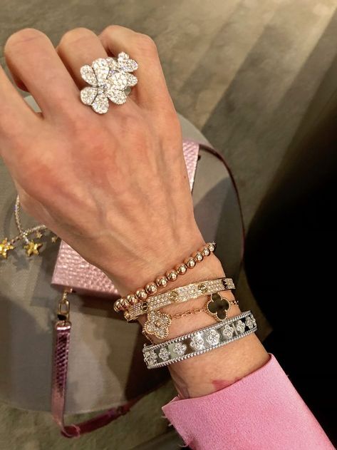 VCA Frivole pave BTF ring, Perlee Clover, Alhambra, Cartier Love bracelet bangle, diamonds Bangle Outfit, Van Cleef Alhambra, Simple Work Outfits, Van Cleef And Arpels Jewelry, Expensive Jewelry Luxury, Van Cleef And Arpels, Wrist Jewelry, Luxury Girl, Beaded Necklace Diy