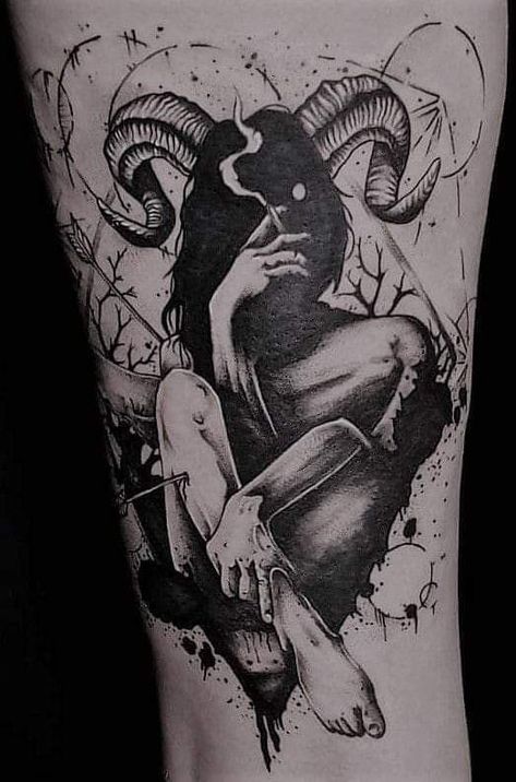 Spooky Tattoos Thigh, Gotik Tattoo, Satanic Tattoos, Goth Tattoo, Aries Tattoo, Scary Tattoos, More Tattoo, Creepy Tattoos, Spooky Tattoos