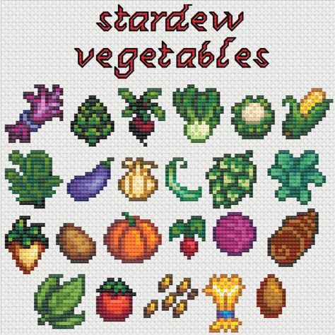 cross-stitch pattern for all the different vegetables in Stardew Valley, you receive a PDF file that includes the pattern and which DMC thread colours you will need. These can be recreated on any aida size. I recommend using these patterns to make earrings, a little collage, etc. Origami Hard, Pixel Art Templates, Pixel Art Grid, Cross Stitch Tree, Pixel Art Pattern, All Vegetables, Stitch Art, Perler Bead Art, Stardew Valley