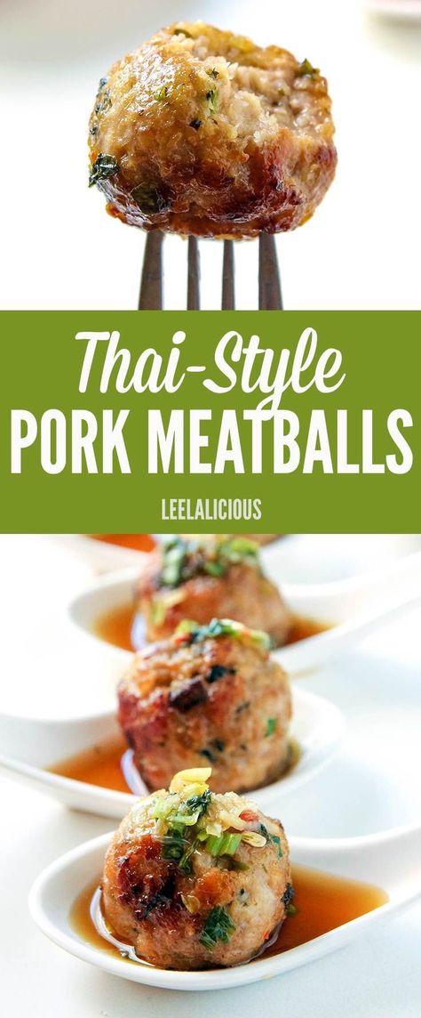 These juicy Thai-style pork meatballs are deliciously flavored with lemongrass, ginger and garlic. As an appetizer these meatballs are amazing with the intensely flavorful dipping sauce, but they also make a great main course. Thai Meatballs, Pork Meatballs, Cooking Thermometer, Cooking Courses, Thai Style, Pork Dishes, Asian Cooking, Meatball Recipes, Asian Dishes