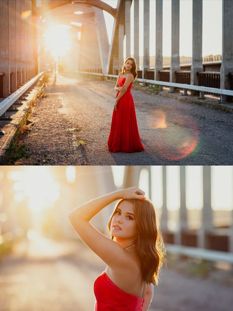 Prom Dress Portraits, Poses For Bridge, Prom Shoot Ideas, Bridge Poses Photography, Unique Prom Photoshoot Ideas, Ball Gown Poses, Individual Prom Picture Ideas, Prom Photoshoot Ideas Single, Individual Prom Poses